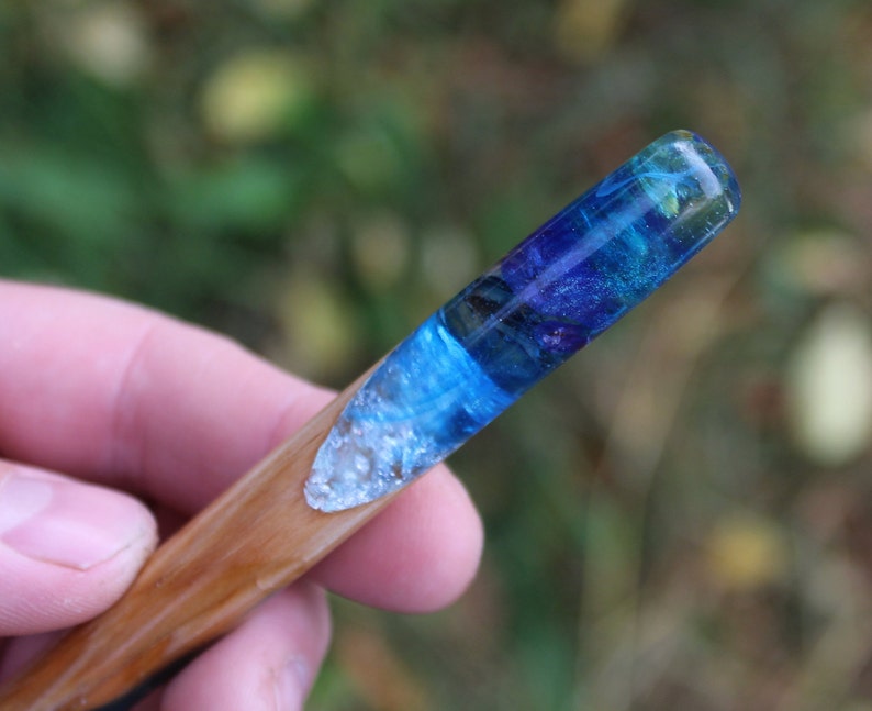 Hair stick Resin Wooden hair stick Real Flowers Silver flakes Wood Long Hair Holder Blue Purple Hair slide Boho hairpin Wedding accessory