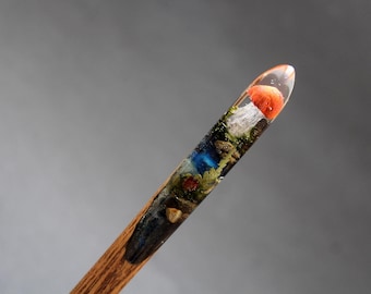 Mushroom Painted Terrarium Hair Stick, length 6.5'', diameter 0.43": Hand-Painted Forest Wood Hair Slide