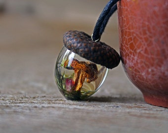Chanterelle Mushroom Acorn Pendant: Real Moss Terrarium Necklace