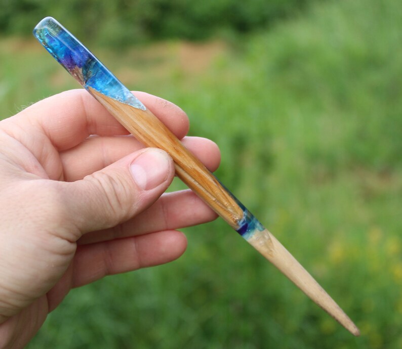 Hair stick Resin Wooden hair stick Real Flowers Silver flakes Wood Long Hair Holder Blue Purple Hair slide Boho hairpin Wedding accessory