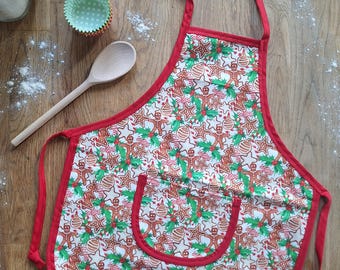 Delantal infantil navideño con estampado de pan de jengibre / Delantal reversible de algodón para hornear y hacer manualidades