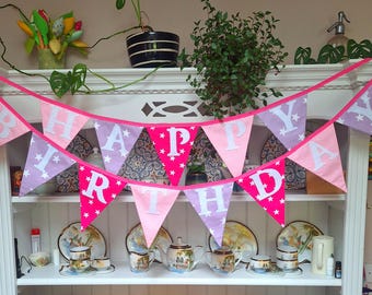 Pancarta de feliz cumpleaños de tela hecha a mano / Decoración de fiesta de estrella rosa