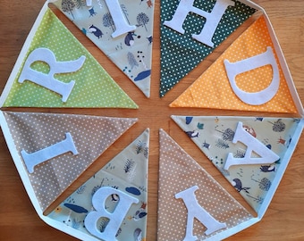 Pancarta de feliz cumpleaños de tela hecha a mano / Decoración de fiesta de animales del bosque / Decoración de fiesta reutilizable