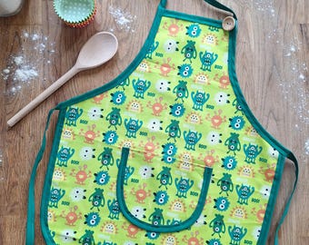 Delantal infantil de monstruo verde / Regalo para pequeños panaderos / Bata para niños pequeños de 3 a 7 años