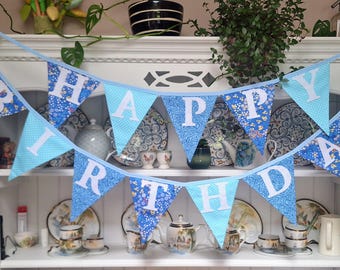 Handmade Fabric Happy Birthday Banner | Reusable Party Decoration | Blue Birthday Bunting