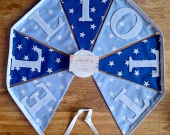 Banderines con nombre personalizados en azul/banderines reutilizables de algodón para guardería