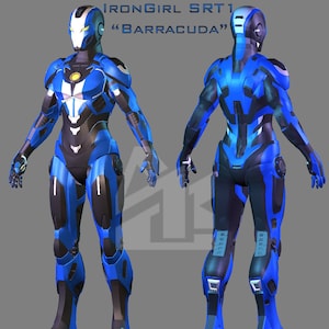 May include: A blue and black robotic suit with a helmet. The suit has a sleek, futuristic design with intricate details. The suit is standing in a neutral pose with its arms at its sides. The suit is labeled "IRONGIRL SRT1 "BARRACUDA"".