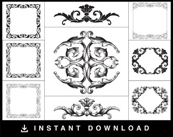 Puede incluir: Conjunto de nueve marcos y divisores ornamentados en blanco y negro. Los marcos son cuadrados y circulares con intrincados diseños florales. Los divisores son horizontales y presentan un diseño floral.