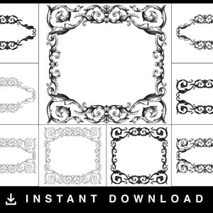 May include: Set of eight black and white ornate frames with intricate floral designs. The frames are perfect for adding a touch of elegance to any project.