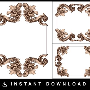 May include: Three ornate frames with intricate floral designs. The frames are in a brown and white color scheme and have a vintage aesthetic.