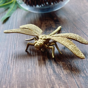 Puede incluir: Una detallada escultura de libélula dorada con alas texturizadas y detalles intrincados. La figura del insecto es de metal y se encuentra sobre una superficie de madera. La libélula es un artículo decorativo.
