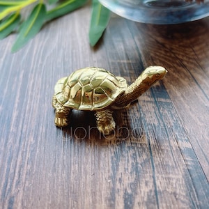May include: A small, gold-colored turtle figurine. The turtle is made of metal and has a detailed design. It is sitting on a wooden surface.
