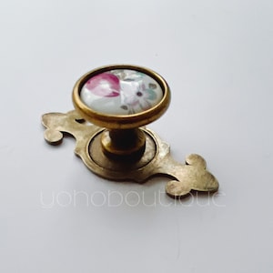 Puede incluir: Un pomo de armario de latón con un diseño floral en la cara. El pomo tiene una placa posterior decorativa con un diseño de desplazamiento.