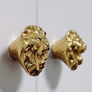 Peut inclure: Deux boutons de porte en forme de tête de lion dorés. Les têtes de lion sont tournées vers l'avant, la gueule ouverte. Les boutons sont fixés sur une surface blanche.