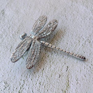 May include: A silver dragonfly brooch with detailed wings and a long, slender body.
