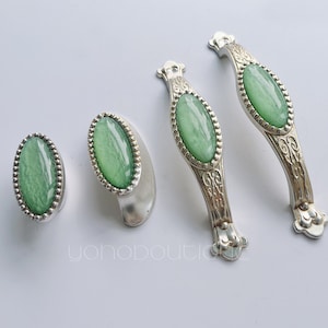 Vintage Zinc Alloy Cabinet Pull with Green Stone: Shabby Chic Hardware -BHK833