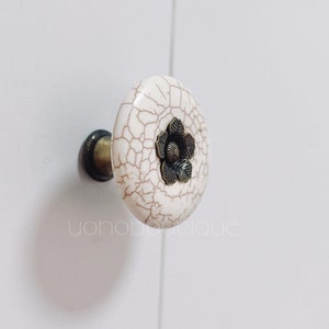 White Ceramic Cabinet Knob: Ethnic Flower Dresser Pull -BHK917