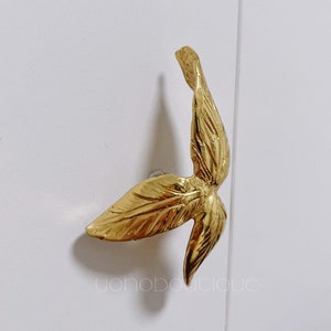 Może przedstawiać: Złoty uchwyt do szafki w kształcie liścia z detalicznym wzorem.