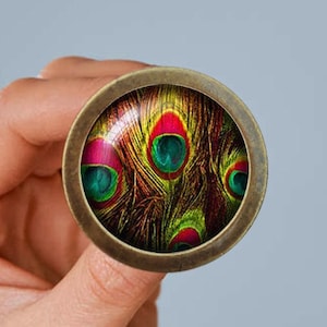 May include: A round, brass-colored button with a colorful peacock feather design. The button features a close-up of peacock feathers with green, blue, and red colors.