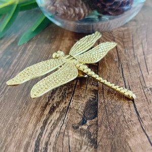 May include: A gold dragonfly brooch with textured wings and body, lying on a wooden surface. The dragonfly's wings are spread, and its body is detailed. The brooch is a decorative accessory.