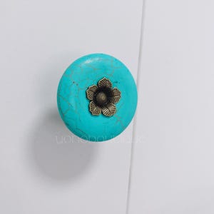 Könnte beinhalten: Ein türkisfarbener Schrankknopf mit einem dekorativen Bronzeblumenmuster.
