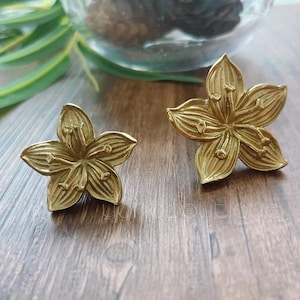 以下が含まれることがあります： 金色の花の形をしたイヤリングのペア。各イヤリングは、詳細な葉脈と中央の柱頭を持つ5つの花びらを特徴としています。イヤリングは木製の表面に表示されており、ジュエリーまたはアクセサリーのテーマを示唆しています。