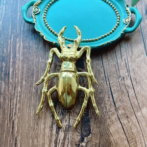May include: A gold-coloured beetle-shaped pendant with intricate details. The pendant is on a wooden surface.