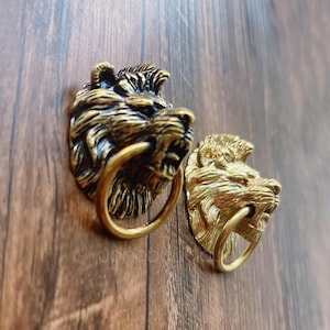 Op de afbeelding: Twee messing deurkloppers in de vorm van een leeuwenkop met een ringhandvat, gemonteerd op een houten oppervlak. De leeuwenkoppen zijn gedetailleerd met open monden en getextureerde manen.