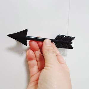 Puede incluir: Una flecha negra con una punta puntiaguda y una cola emplumada. La flecha se sostiene en una mano sobre un fondo blanco.