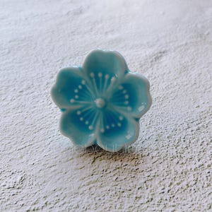 Flower Ceramic Cabinet Knob: Aqua Blue Dresser Drawer Pull -BHK967