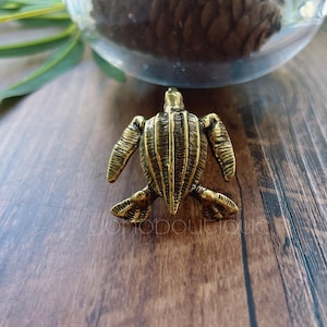 Op de afbeelding: Een kleine, antieke messing schildpadfiguur. De schildpad heeft gedetailleerde vinnen en schildtexturen. Het beeldje staat op een houten oppervlak, met een glazen kom en groen in de achtergrond.