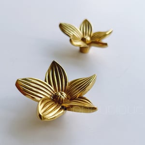 Puede incluir: Dos pomos de armario en forma de flor de color dorado. Los pomos tienen cinco pétalos y un detalle central.