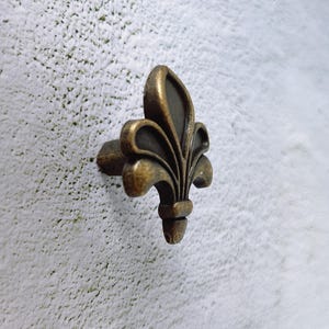 Peut inclure: Un bouton de meuble en forme de fleur de lys de couleur bronze. La quincaillerie décorative présente un design classique à trois pétales avec une finition antique détaillée. Le bouton est monté sur une surface texturée blanc cassé.