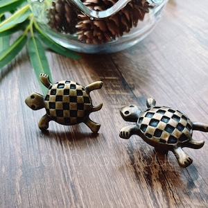 Könnte beinhalten: Zwei antike, goldfarbene, schildkrötenförmige Schubladenknöpfe mit einem karierten Muster auf einer Holzoberfläche.