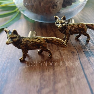 Peut inclure: Deux boutons de meuble en forme de renard en bronze sur une surface en bois. Les boutons sont détaillés avec une texture de fourrure et ont une esthétique vintage. L'arrière-plan comprend un globe en verre et de la verdure.