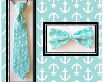 Mint Green Nautical pretied Tie & Bow tie SET for kids toddler or baby Sizes NB - 7 Yrs