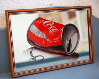 Vintage Coca Cola Can Mirror in Wooden Frame By Artist Tom Liddel 1980s Americana