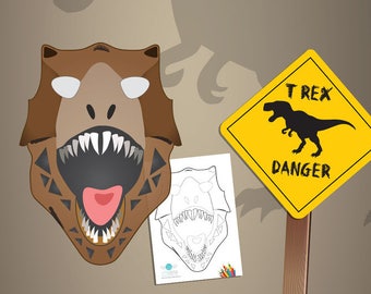 Dinosaur mask (T-rex) and its coloring version, and dinosaur cross road sign - PRINTABLES