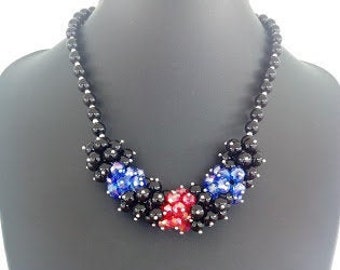 Sparkly Glass Necklace in Black, Blue and Red 19"