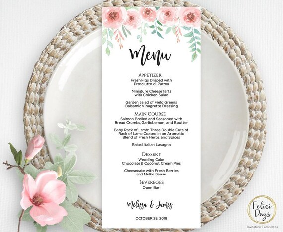 Floral Wedding Menu Template Diy Wedding Menu Template Etsy