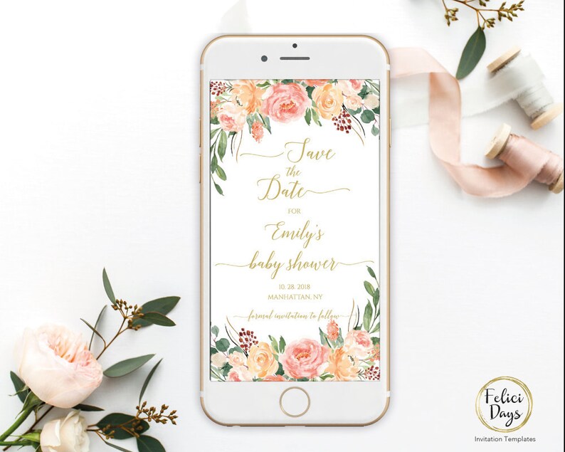 Evite Save the Date Peach Floral Template Electronic Etsy