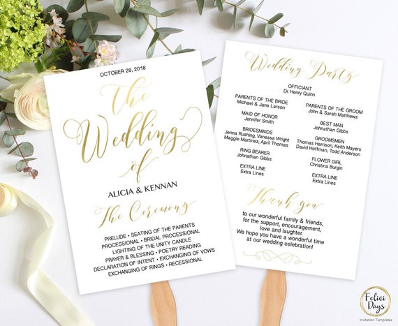 Gold Wedding Fan Program Template Diy Wedding Program Etsy
