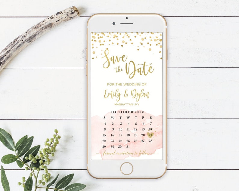 Save the Date Gold Pink with Calendar Template IPhone SMS TEMPLETT DIY Instant Download Electronic Smartphone Digital Editable Invitation