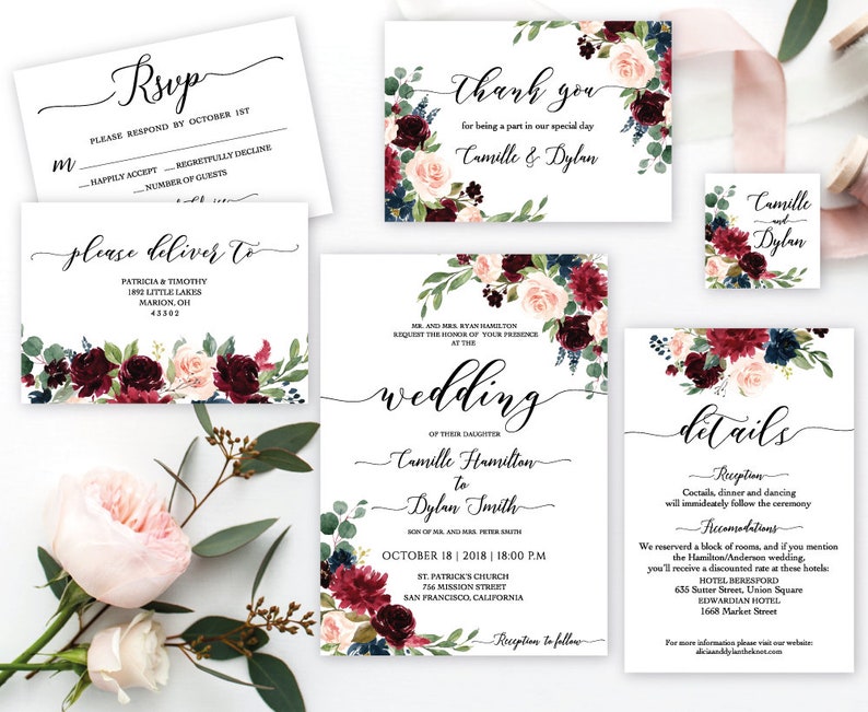 Wedding Invitation Burgundy Printable Template Floral image 0