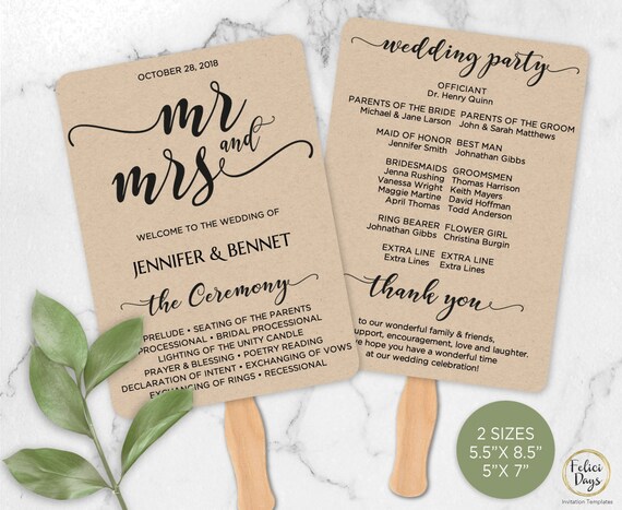 Mr Mrs Wedding Fan Program Editable Template Diy Rustic Etsy