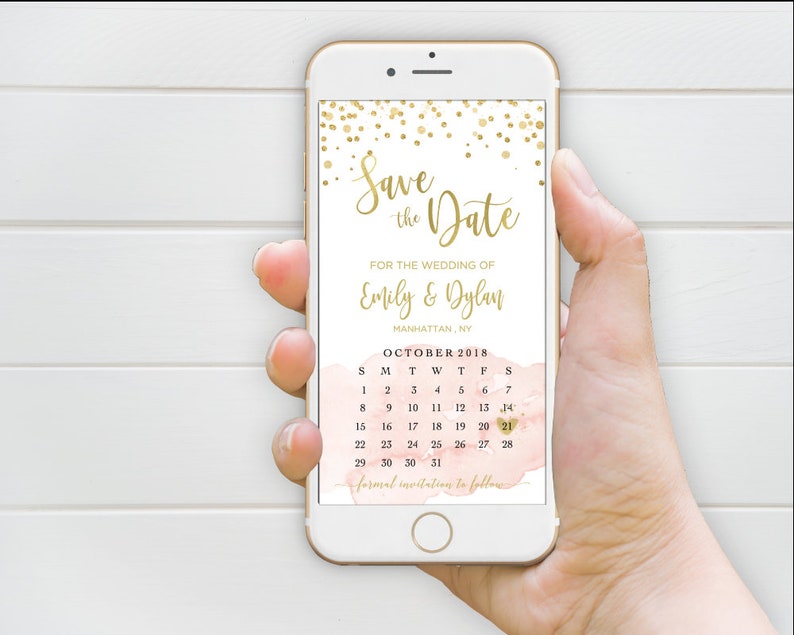 Save the Date Gold Pink with Calendar Template IPhone SMS TEMPLETT DIY Instant Download Electronic Smartphone Digital Editable Invitation