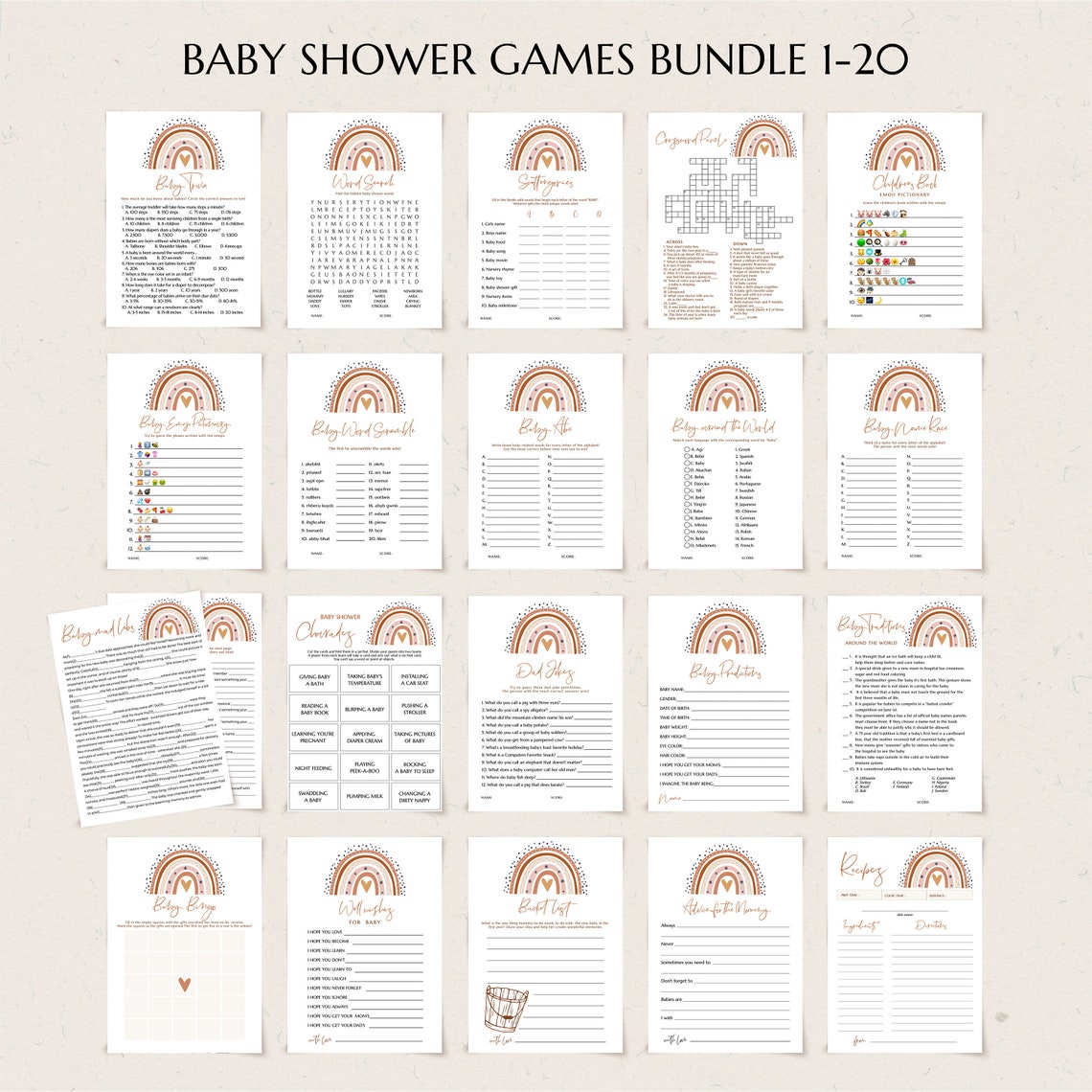 60 Rainbow Baby Shower Games Bundle Printable Boho Terracotta - Etsy