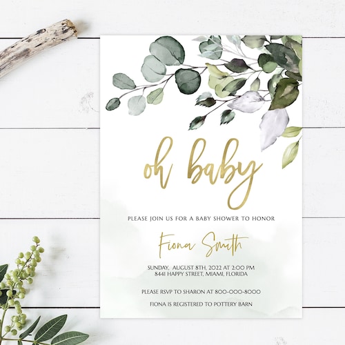 Editable Oh Baby Greenery Gold Baby Shower Invitation Template - Etsy