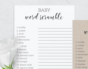 Baby-Wort-Rätsel mit Lösungsschlüssel druckbar, Wort-Rätsel Babyparty druckbar, Wort-Rätsel-Puzzle, errate das Wortspiel, Co-Ed-Spiele