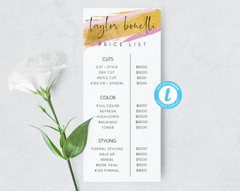 Customizable Price List Template, Gold Price List Salon, Price List Photography, Price List Hair, Feminine Price List Sign, Price List Flyer